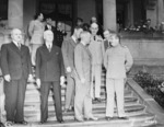 Vyacheslav Molotov, James Byrnes, Charles Bohlen, Harry Truman, William Leahy, and Joseph Stalin in Potsdam, Germany, 17 Jul 1945, photo 3 of 5
