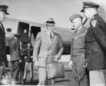 US Assistant Secretary of War John McCloy arriving at Berlin-Gatow airfield, Germany, 15 Jul 1945; note Major General Floyd Parks and Major General Edmund Hill at right