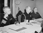 Captain C. J. Moore, Admiral William Leahy, and Brigadier General Andrew McFarland at a meeting during the Potsdam Conference, Germany, 23 Jul 1945