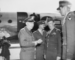 US General Brehon Somervall arriving at Berlin-Gatow airfield, Germany, 15 Jul 1945, photo 2 of 3; note Brigadier General Earl Hoag present to greet Somervall