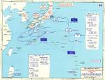 Map depicting the proposed invasion routes of Operation Downfall; Japanese defensive positions were as of Aug 1945