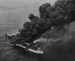 US tanker Pennsylvania Sun burning after being torpedoed by German submarine U-571 in the Gulf of Mexico, 15 Jul 1942