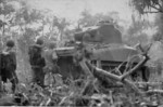 M4 Sherman tank and men of the US 1st Marine Division moving toward the airfield at Cape Gloucester, New Britain, Bismarck Archipelago, Dec 1943