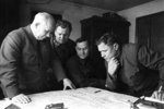 Soviet leaders reviewing a map of Stalingrad, Russia, 1 Dec 1942; left to right: Nikita Khrushchev, Alexei Ilarionovich, Alexei Chuyanov, Andrei Eremenko 