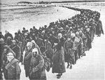 Axis prisoners of war being marched on a road near Stalingrad, Russia, circa Feb 1943