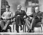 Stalin, Roosevelt, and Churchill on the portico of the Russian Embassy during the Tehran Conference, 29 Nov 1943, photo 1 of 2