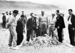 J. Robert Oppenheimer and Leslie Groves at the Trinity test site during a press visit, New Mexico, United States, 1 Sep 1945, photo 2 of 2