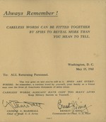 Message from George Marshall and Ernest King to US military personnel returning from war zones, 15 May 1943, page 1 of 2