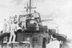 Japanese Navy gun and crew aboard a warship, possibly off the Chinese coast, circa 1939
