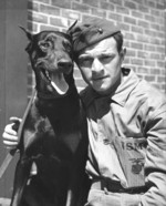 US Marine Private Alexander Boccardo and a Doberman Pincher war dog, Camp Lejeune, Jacksonville, North Carolina, United States, circa 1943