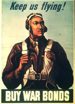 American poster to promote sale of war bonds, featuring an African-American US Army Tuskegee pilot, possibly Lt Robert W. Diez, 1943; the text reads 