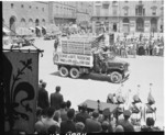 American trucks returning part of US$500 million worth of Florentine artwork looted by Germans, Piazzo Dei Signoria, Florence, Italy, 21 Jul 1945