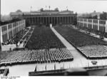 A rally at the 1936 Summer Olympic Games at the Lustgarten, Berlin, Germany, Aug 1936; note the Old Museum in background and Nazi tapestries on each side