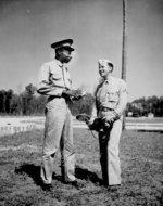 US Marine Corps African-American public relations specialist Sgt. Lucious A. Wilson and his photographer, Cpl. Edwin K. Anderson, at Montford Point Camp, New River, North Carolina, United States, date