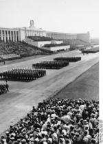 Nazi Party Reichsarbeitsdienstes (Reich Labor Service) men in parade at Zeppelin Field, Nürnberg, Germany, Sep 1937