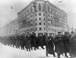 Soviet troops marching on Gorky Street, Moscow, Russia, 1 Dec 1941