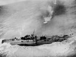 Japanese Type-C Escort Vessel No. 1 sinking in Taiwan Strait south of Amoy (Xiamen), China, 6 Apr 1945, having attacked by US B-25J (44-29600; 2Lt Francis A. Thompson) of 499th 
