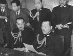 Officers of Japanese Imperial General Headquarters announcing the start of the Pacific War, Tokyo, Japan, 8 Dec 1941