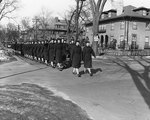 WAVES officers marching at the intersection of Garden and Chauncy Streets in Cambridge, Massachusetts, United States, circa 1943