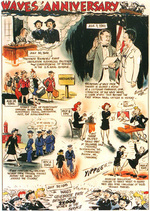 Cartoon by Sixta depicting events and activities in the first year following the 30 Jul 1942 authorization of the US Navy WAVES program