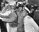 British General Harold Alexander, US Lieutenant General George Patton, and US Rear Admiral Alan Kirk aboard USS Ancon off Mers El Kébir, Algeria, 23 Jun 1943