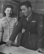 Platoon Sergeant John Basilone and Corporal Margaret Beenworth at a US Marine Corps Headquarters office, Washington DC, United States, Sep 1943