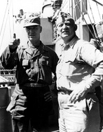 Lieutenant General James Van Fleet and Rear Admiral Arleigh Burke aboard cruiser Los Angeles, off Korea, 8 Jul 1951