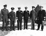 UN delegates to the armistice negotiations: Major General Turner, Major General Lee, Vice Admiral Joy, Rear Admiral Libby, Major General Hodes, and Rear Admiral Burke. Panmunjom, Korea, 30 Nov 1951