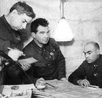 General Chuikov meeting with his chief of staff N. I. Krilov and council K. L. Gurov, Stalingrad, Russia, circa 1942-1943