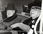 Winston Churchill and Bernard Baruch in a car in the United States, 14 Apr 1961