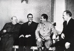 Winston Churchill, W. Averell Harriman, Joseph Stalin, and Vyacheslav Molotov at Fourth Moscow Conference, Russia, Oct 1944, photo 2 of 2
