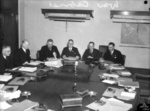 Members of the Commonwealth War Cabinet meeting in the War Cabinet Room, 1st Floor A Block New Wing, Victoria Barracks, Melbourne, Australia, 10 Nov 1943; L to R: Curtin, Sheddon, Chifley, Makin, Drakeford, and Dedman