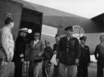 Eleanor Roosevelt arriving in Rockhampton, Queensland, Australia, 9 Sep 1943, welcomed by Lieutenant General Robert Eichelberger and other officers