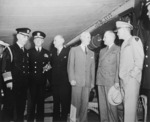 William Leahy, Harold Stark, James Byrnes, Charles Sawyer, Harry Truman, and Dwight Eisenhower at Antwerp, Belgium, 15 Jul 1945