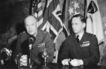 Supreme Commander Dwight Eisenhower and Deputy Supreme Commander Arthur Tedder making the formal announcement that Germany had signed the surrender, Reims, France, 7 May 1945.