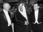 US President Dwight Eisenhower, King Saudi of Saudi Arabia, and US Vice President Richard Nixon at the Mayflower Hotel, Washington DC, United States, 1957