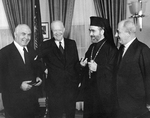 US President Dwight Eisenhower and Primate of the Greek Orthodox Archdiocese of North and South America Iakovos, White House, Washington DC, United States, 1950s