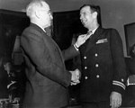President Harry Truman congratulating Lieutenant Donald Gary after Gary received the Medal of Honor, the White House, Washington, DC, United States, 23 Jan 1946