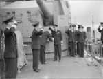 Admiral John Tovey greeting King George VI of the United Kingdom aboard HMS Duke of York, Scapa Flow, Scotland, United Kingdom, Jun 1942
