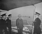 King George VI of the United Kingdom and US President Harry Truman aboard HMS Renown, Plymouth, England, United Kingdom, 2 Aug 1945; note USS Augusta in background