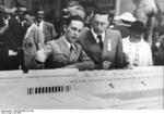 Minister of Propaganda Joseph Goebbels and Commissioner of Architecture Hans Schweitzer-Mjölnir at an exhibition during the 1936 Summer Olympic Games, Berlin, Germany, Jul 1936
