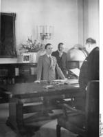 Josef Goebbels in a meeting with Government Secretary Walter Funk at the Propaganda Ministry, Berlin, Germany, 1937; Goebbels