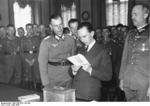 Goebbels with German troops who had just returned from fighting on the Eastern Front, May 1943; in background: Lt. Col. Otto Benzin, Sgt. Otto Ude, Lt. Col. Hase