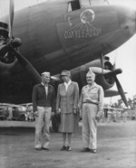 Lieutenant General Millard Harmon, First Lady Eleanor Roosevelt, and Admiral William Halsey in New Caledonia, 14 Sep 1943