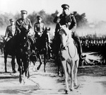 Emperor Showa reviewing troops of the Japanese Army on his horse Shirayuki, Japan, 8 Jan 1938