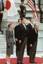 US First Lady Nancy Reagan, US President Ronald Reagan, and Emperor Showa of Japan in Tokyo, Japan, 9 Nov 1983