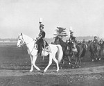 Emperor Showa, on his horse Shirayuki, reviewing Japanese Army troops, Japan, Feb 1933