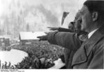 Chancellor Hitler saluting the athletes from balcony of the Olympic House during opening ceremony of the IV Olympic Winter Games, Garmisch-Partenkirchen, Bavaria, Germany, 6 Feb 1936, photo 2 of 4