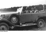 Mussolini and Hitler in a Daimler-Benz Type G4/W31 limousine during German Army maneuvers in Mecklenburg and Pomerania, Germany, Sep 1937; Colonel Friedrich Hoßbach seated behind Hitler