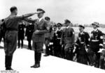 Heß greeting Hitler at a Nazi Party rally, Nürnberg, Germany, 6 Sep 1938; also present: Bormann, Epp, Schaub, Himmler